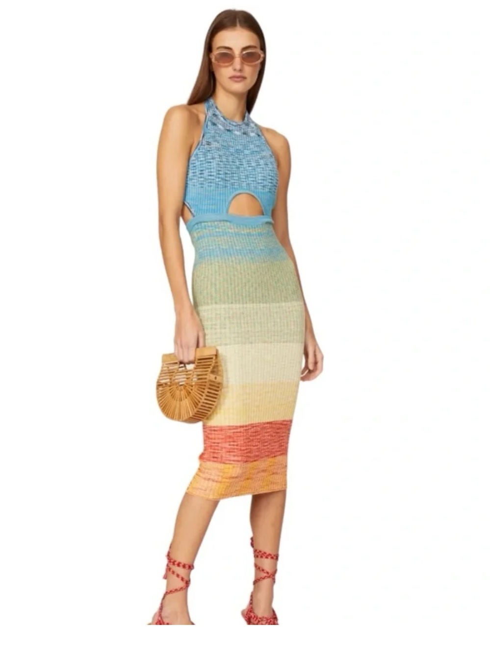 STAUD Blue Multicolor Knit Halter Midi Dress with Cutout
